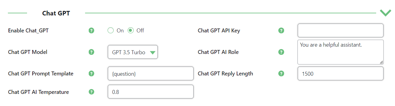 ChatGPT settings - Tooltip Plugin WordPress