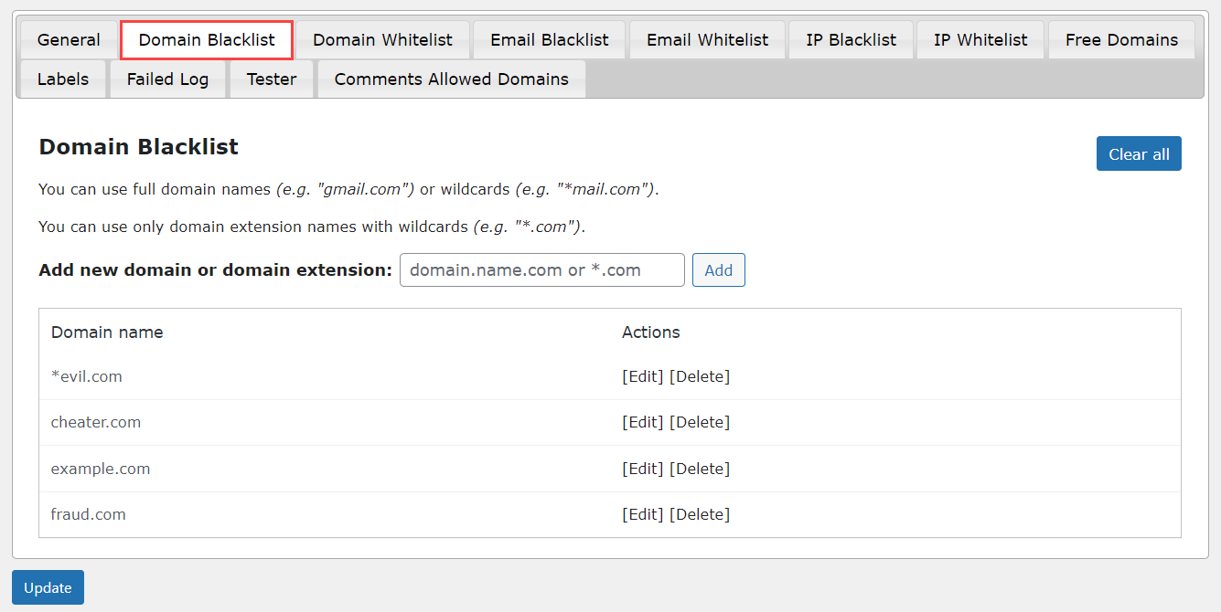 Domain Blacklist tab - WordPress Blacklist Plugin