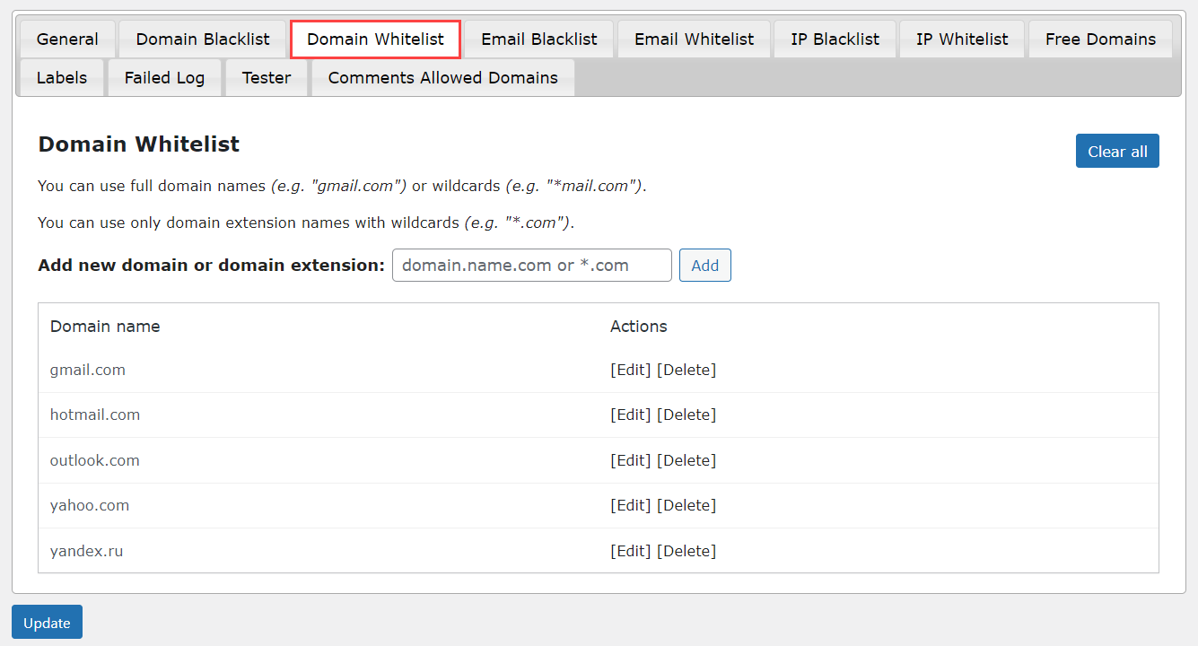 Domain Whitelist tab - WordPress Email Blacklist Plugin