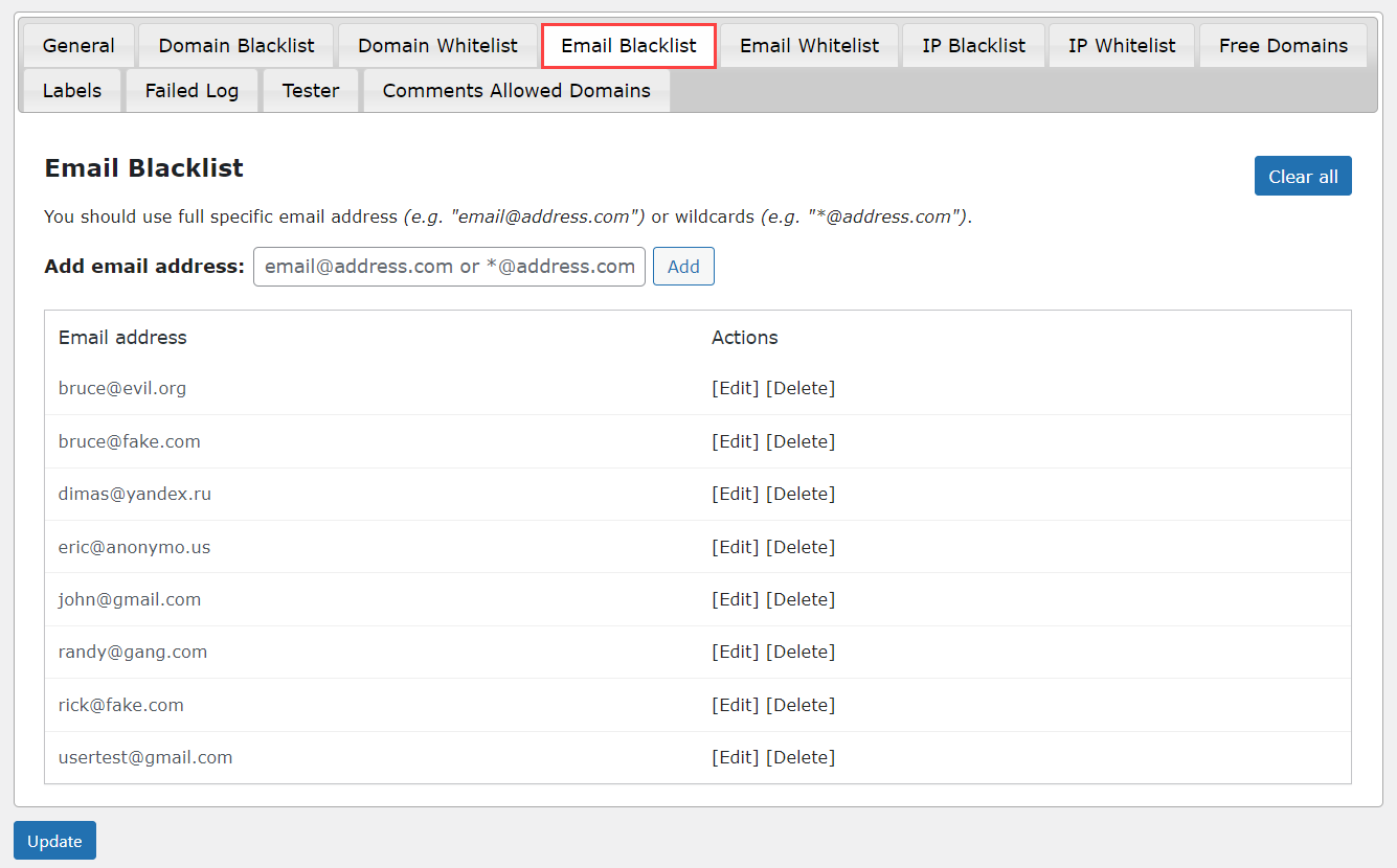 Email Blacklist tab - WordPress Restrict Email Domains