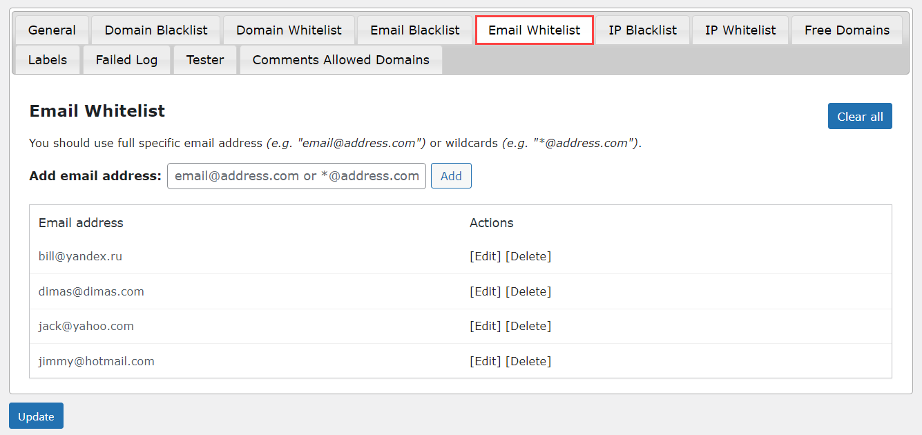 Tab for adding emails to whitelist - WordPress Blacklist Plugin