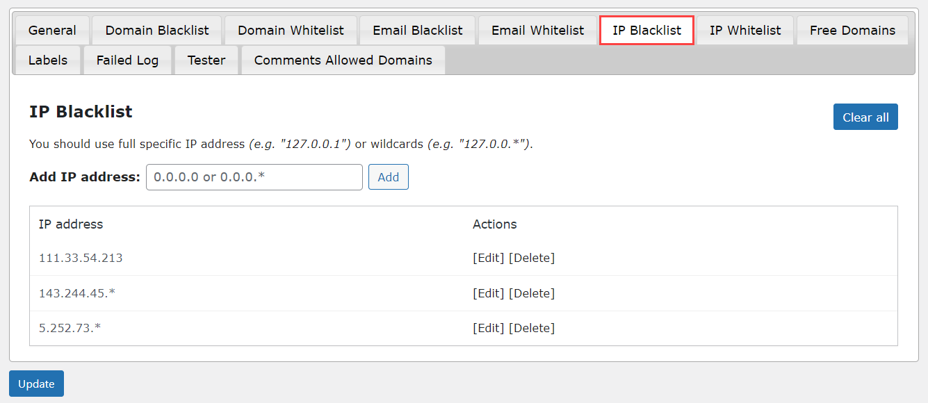 Tab for adding IPs to blacklist - IP Blacklist WordPress Plugin