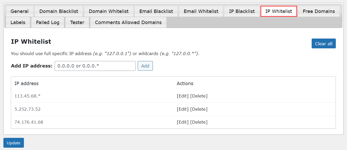 Tab for adding IPs to whitelist - WordPress Email Blacklist Plugin