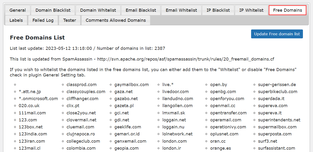 Free Domains tab - Domain Blacklist Plugin