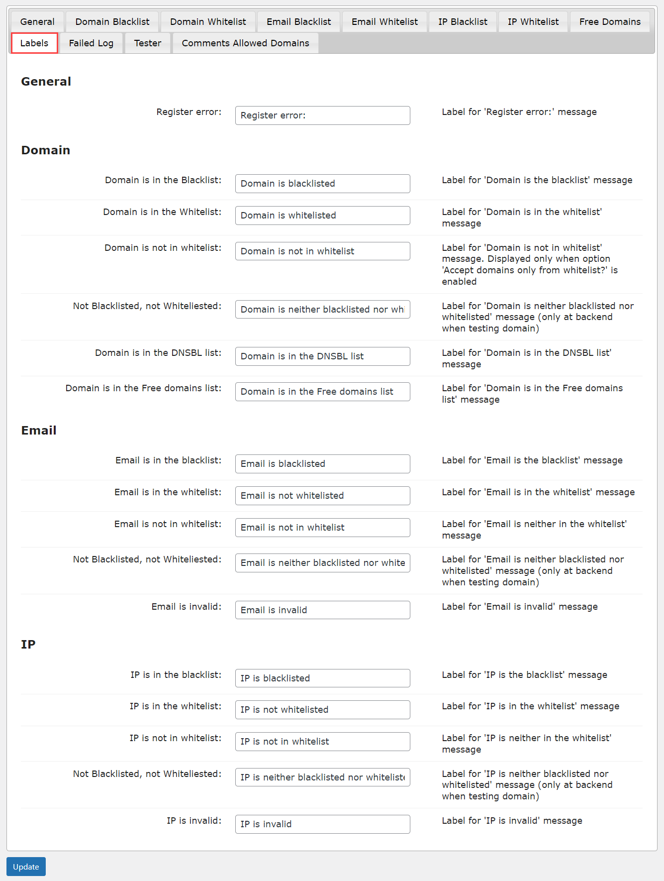 Labels tab - WordPress Restrict Email Domains