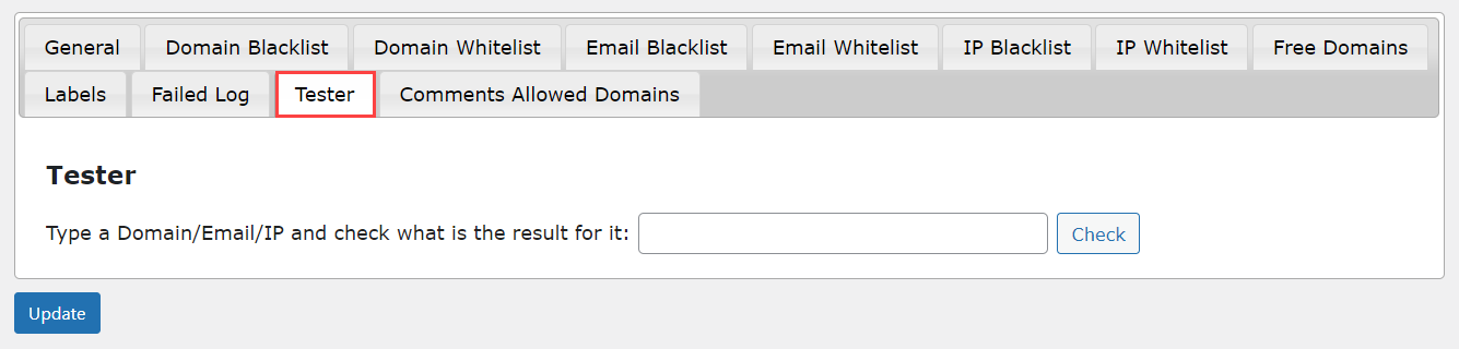 Tester tab - WordPress Email Registration Blacklist