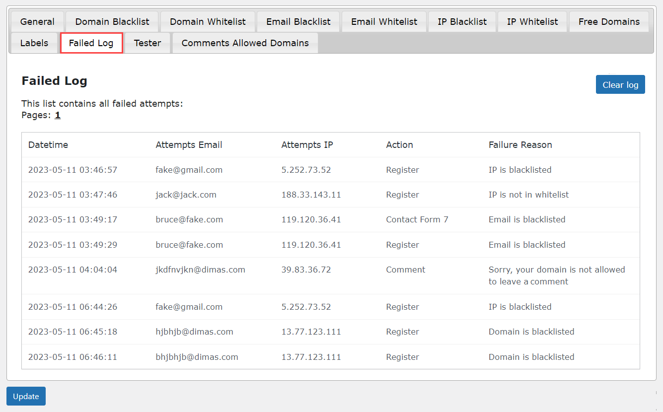 Failed Log tab - WordPress Block Domain Registration