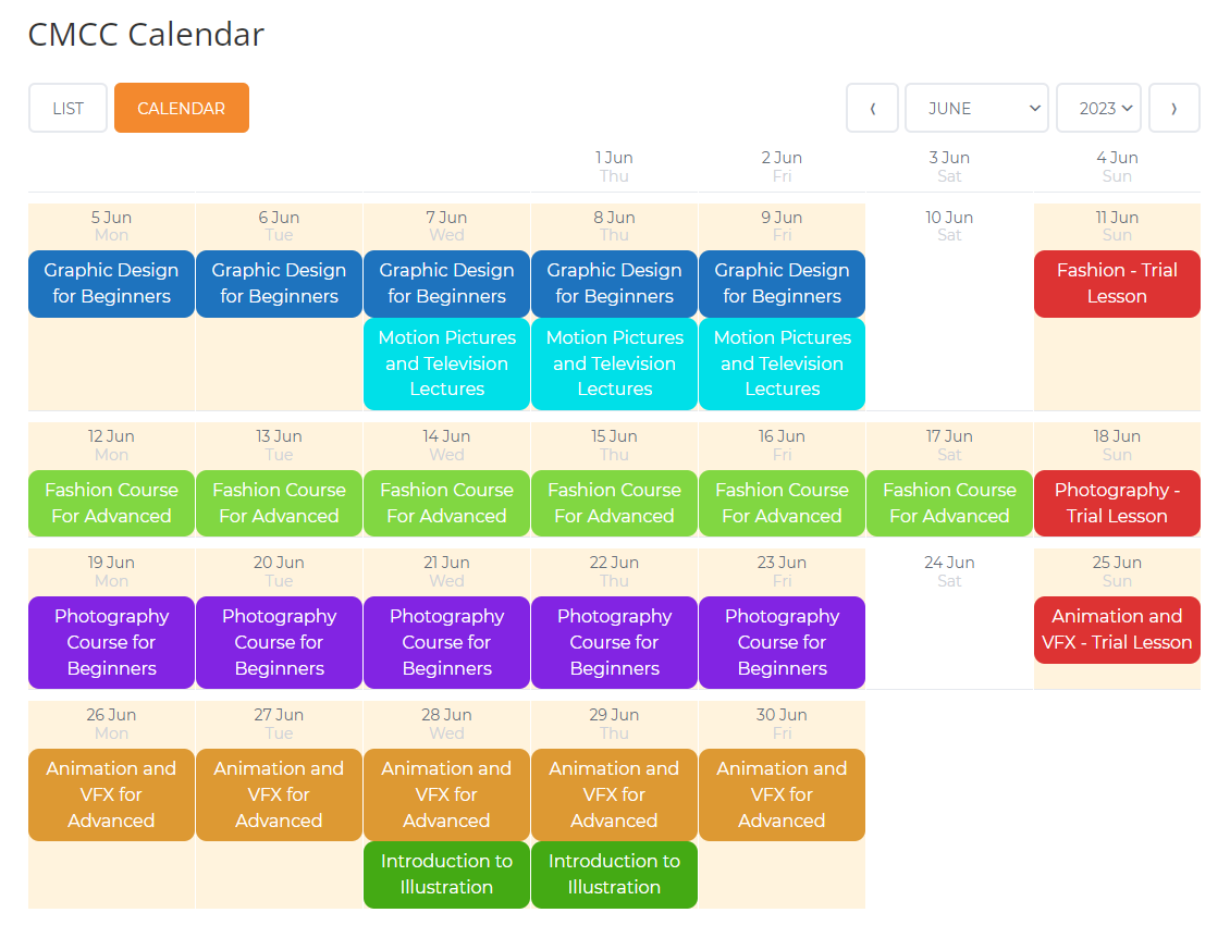 Example of the calendar with courses - WordPress Plugin for Online Courses