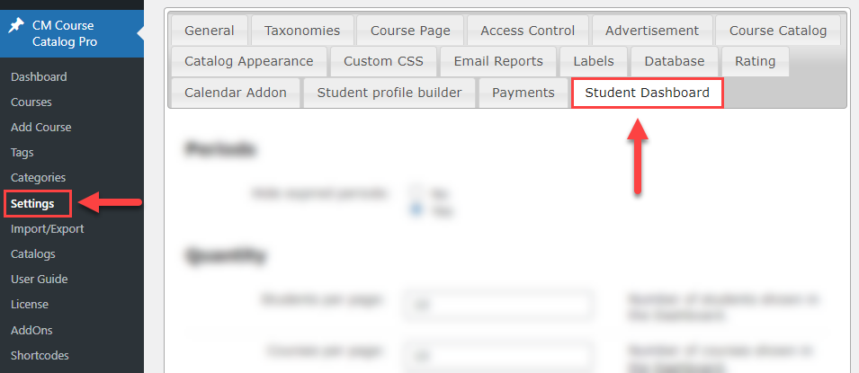 Student dashboard settings tab - E Learning WordPress Plugin