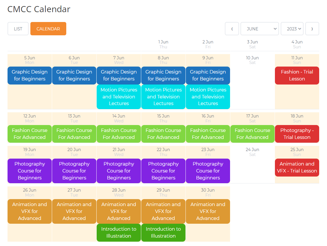 Example of the calendar view of the courses for a certain month - WordPress Plugin for Online Courses