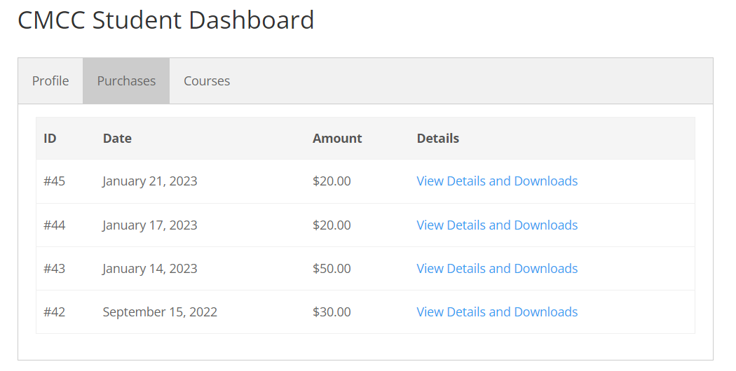 Student Dashboard Example: Purchases tab - LMS Plugin for WordPress