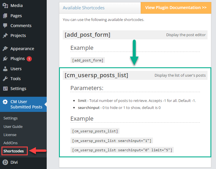 Information about the shortcode - WordPress Plugin to Allow Users to Post On Front End