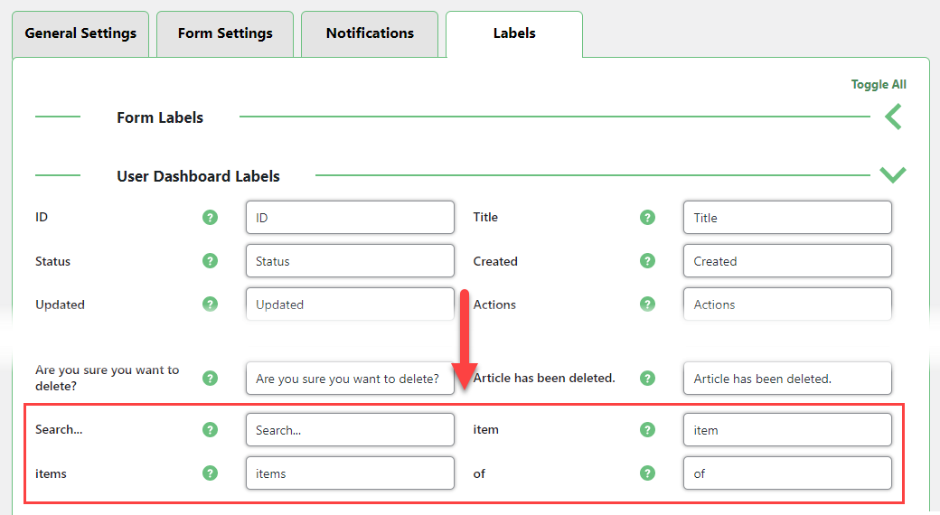 Labels settings - WordPress User Submitted Posts