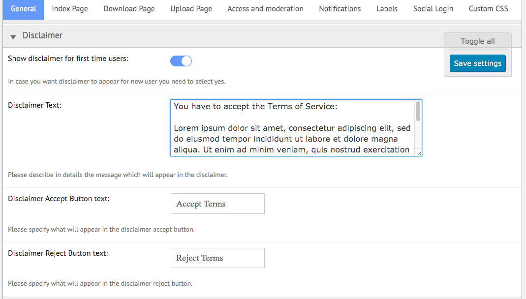 Disclaimer settings - WordPress Plugin for Customer Portal
