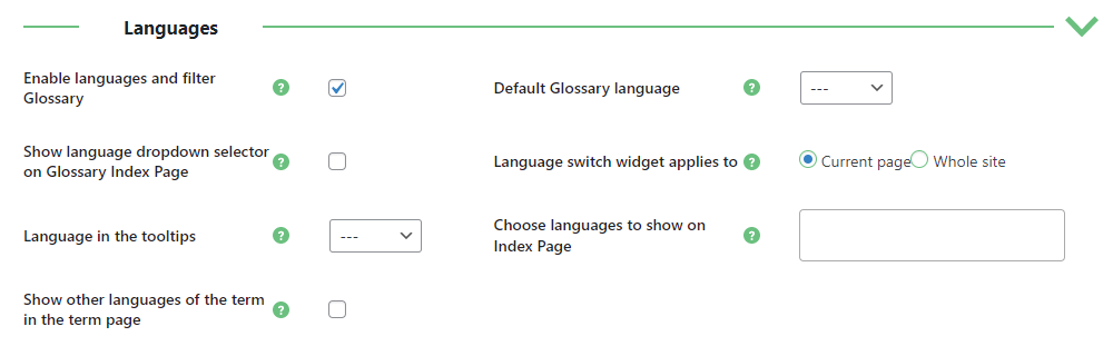 Languages settings - Tooltip WordPress Plugin