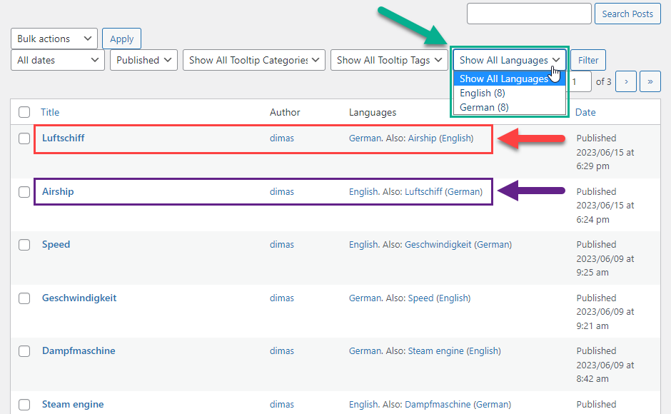 Managing terms with different languages - WordPress Glossary Plugin