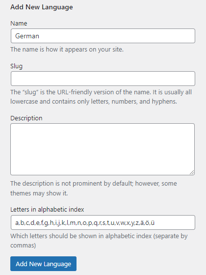 Form for adding a new language - Glossary Plugin WordPress
