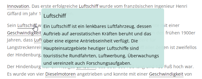 Tooltip example for the German term - Glossary Plugin WordPress