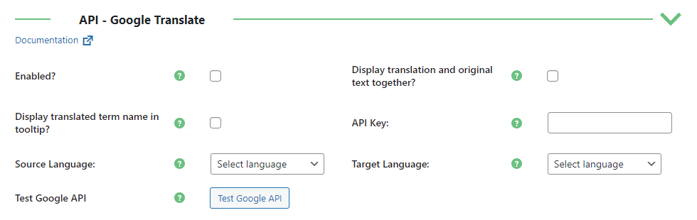 Google Translate integration settings - WordPress as a Wiki