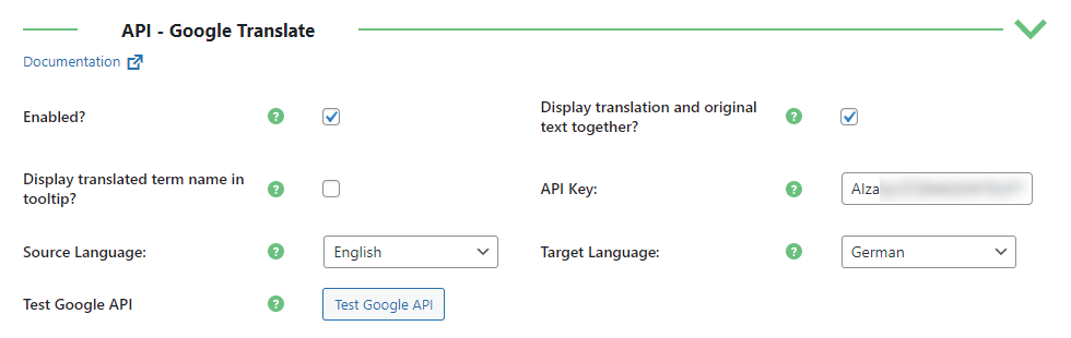 Final Google Translate integration configuration - WordPress Internal Linking Plugin