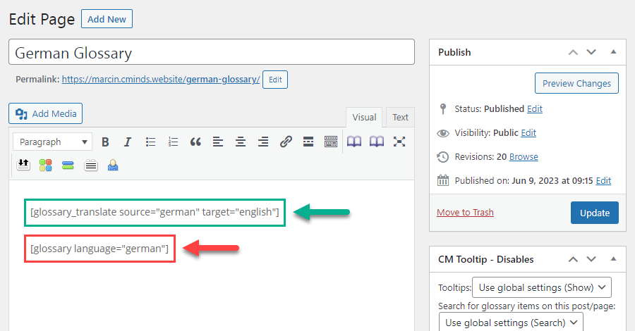 Displaying a glossary with German terms and corresponding language in tooltips - Tooltip Plugin WordPress