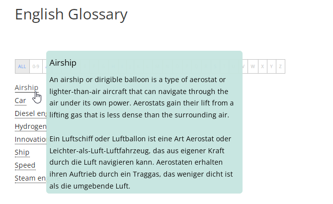 Result on the front-end - Glossary Plugin WordPress