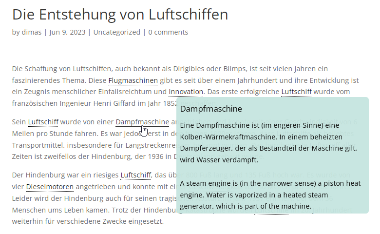 A tooltip with the German definition and automatic translation to English using Google Translate - WordPress as a Wiki