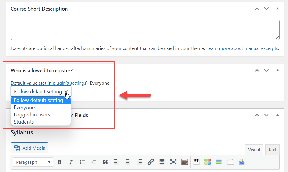 Choosing who is allowed to register to the specific course - WordPress LMS Plugin