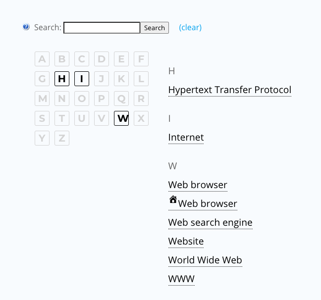 Front-end example of the glossary index page - Glossary Plugin WordPress