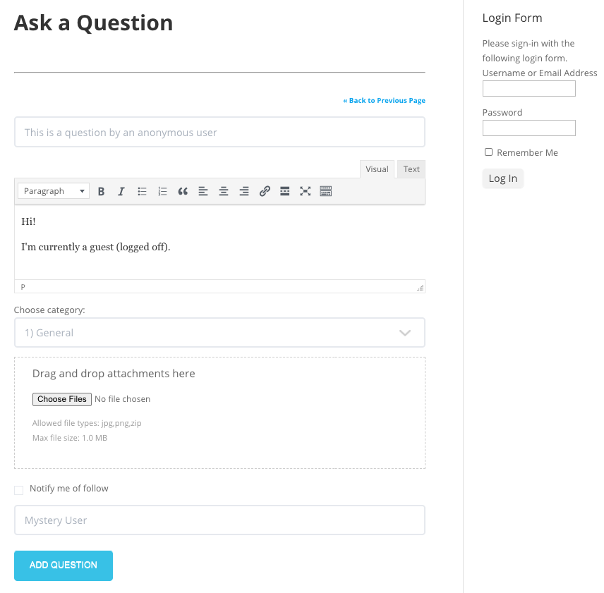 Question submission form for a guest user - WordPress Discussion Forum