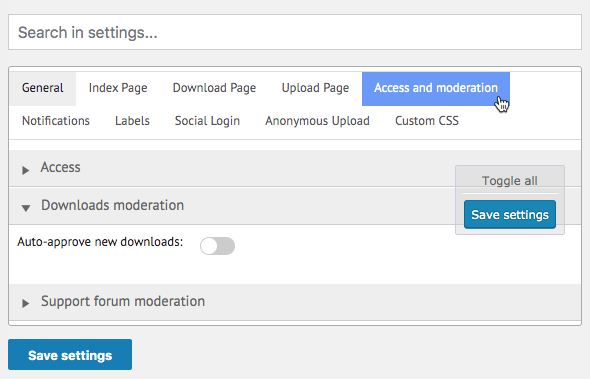 Auto-approve new downloads setting - WordPress File Manager Plugin