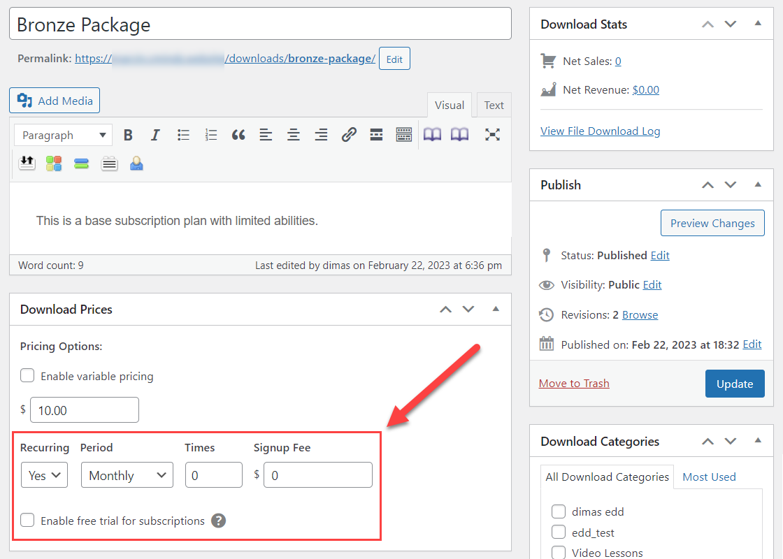 Setting up the subscription price in the EDD product - Social Login WordPress