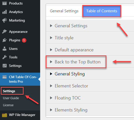 Back to the top button settings section - WordPress Table of Contents Block