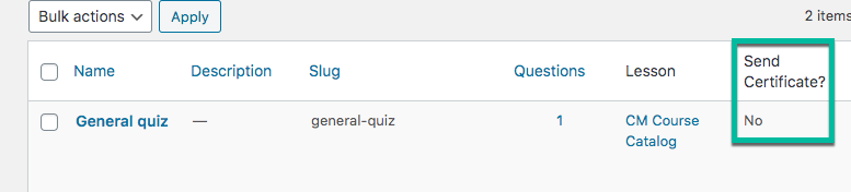 Indicating if the quiz has a certificate - WordPress Learning Management System Plugin