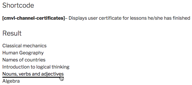 Showing the list of achieved lessons certificates to the user - WordPress Video Lessons Plugin