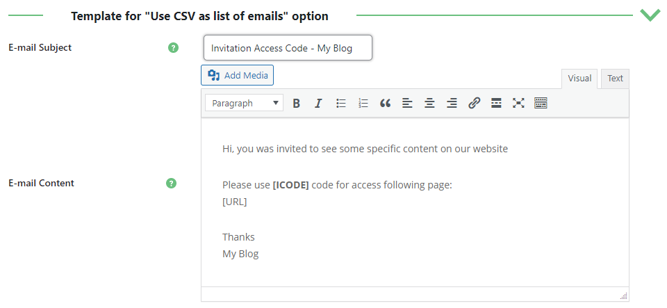 Email template for sending invitation codes to users - Restrict Content Plugin