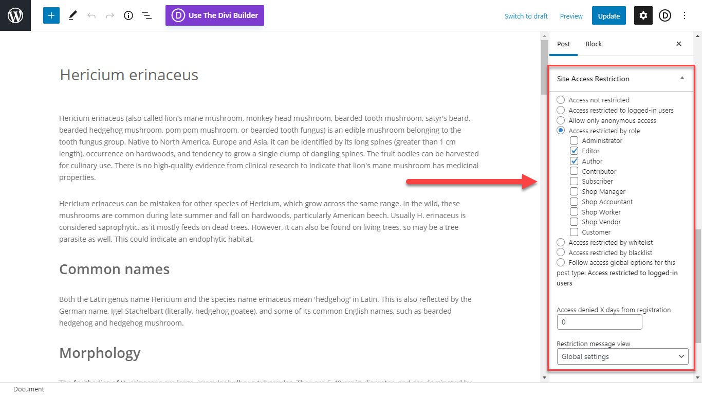 Post metabox for overriding global restriction settings - Page Restriction WordPress