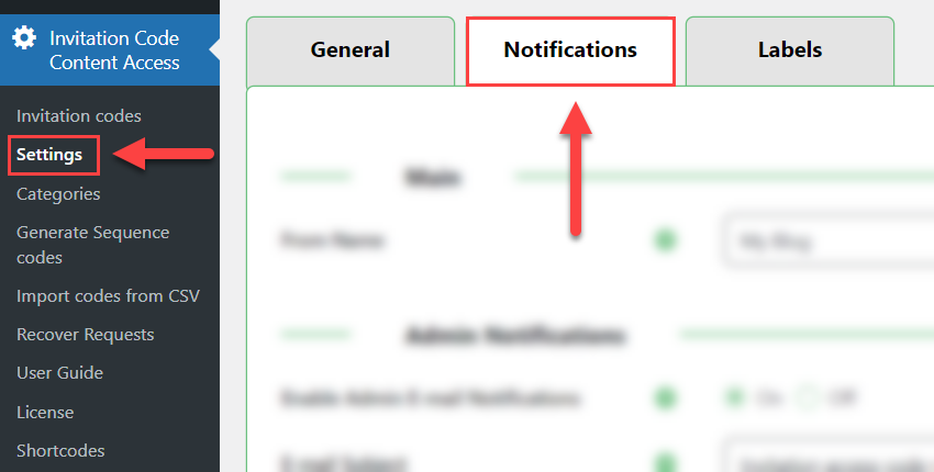 Notifications settings - Invitation Code Registration for WordPress