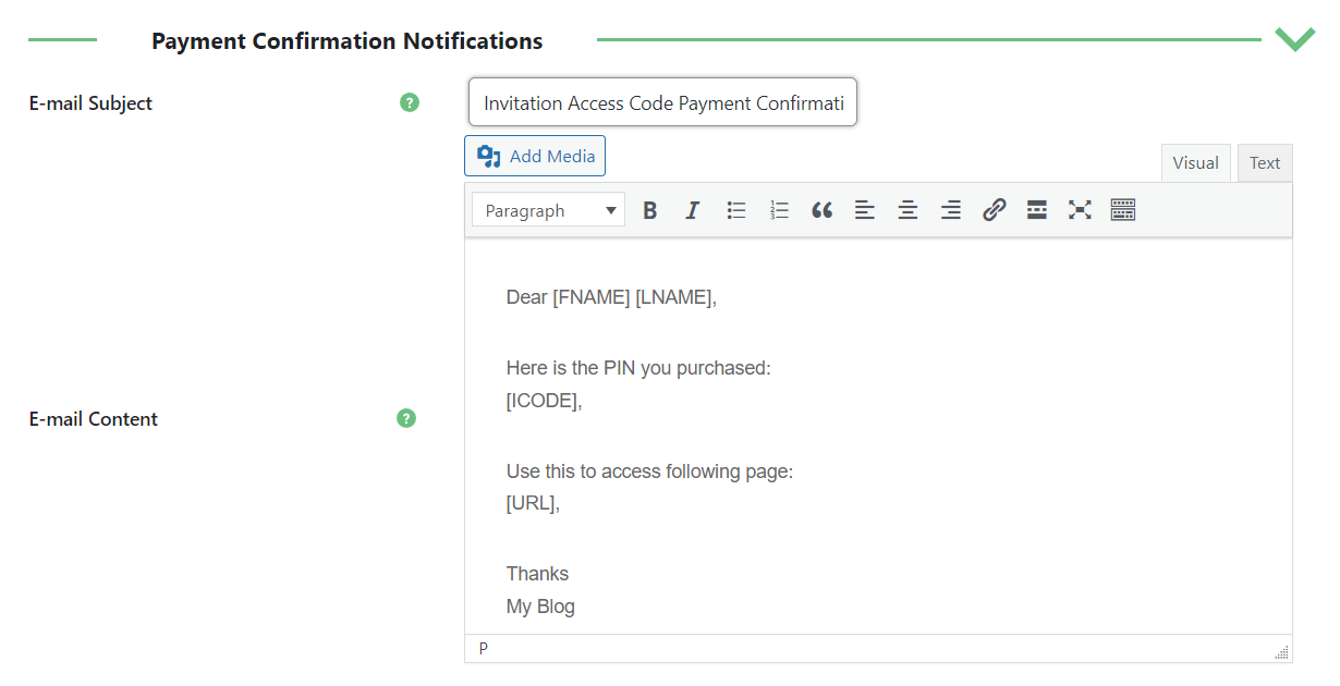 Payment Confirmation Notifications email notification template - WordPress Content Restriction