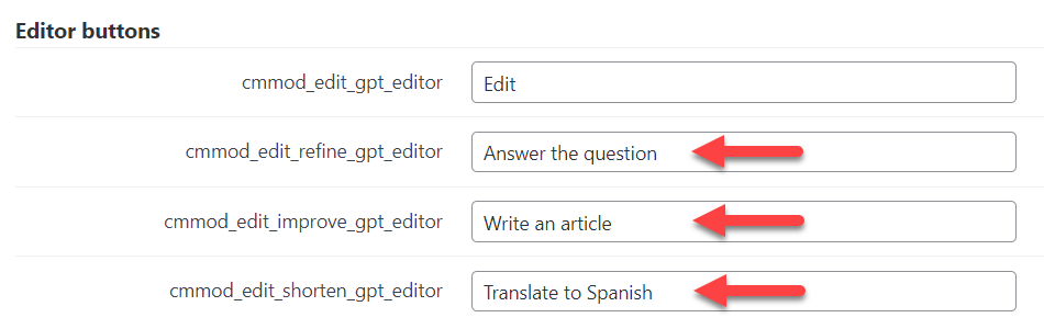 Editing labels for ChatGPT actions - WordPress Editorial Plugin