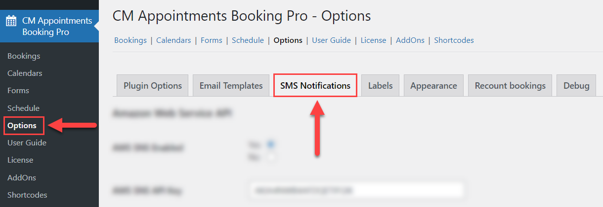 Tab with SMS Notifications settings - WordPress Calendar Booking Plugin