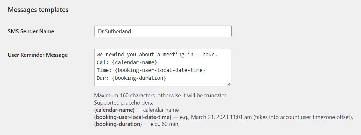 SMS message template - WordPress Plugin for Scheduling Consultations