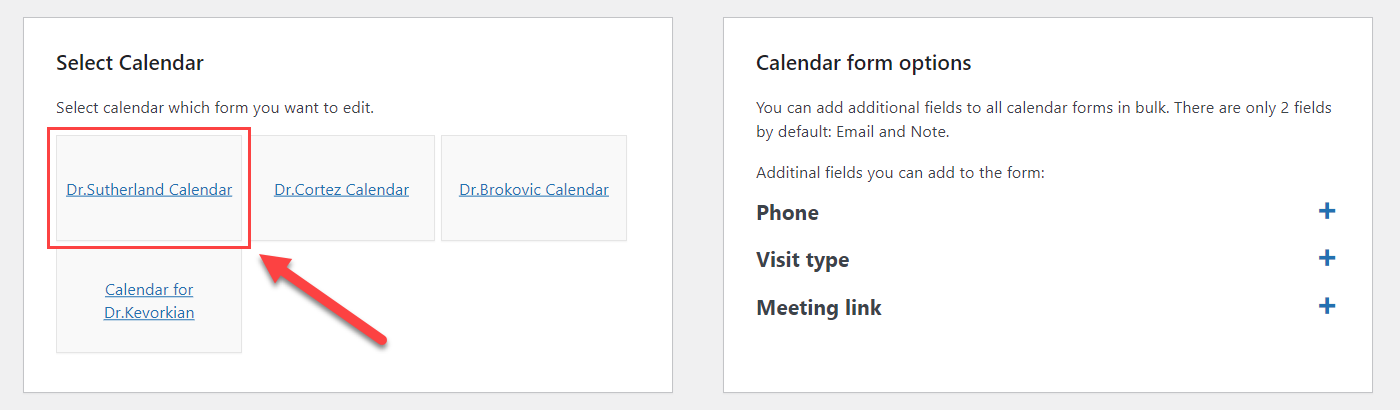 Selecting a calendar for editing the form - WordPress Calendar Booking Plugin