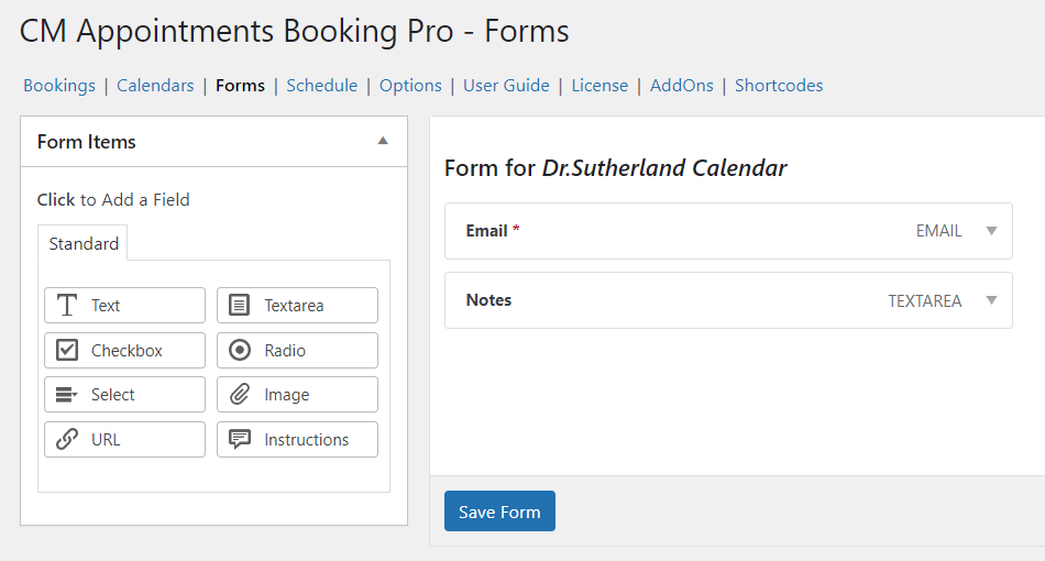 Calendar Form Builder settings - Booking Plugin WordPress