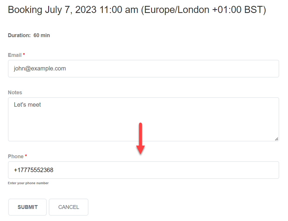 Phone field in the calendar form on the front-end - Best WordPress Scheduling Plugin