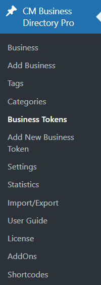 Navigation to Business Tokens settings - WordPress Listing Plugin