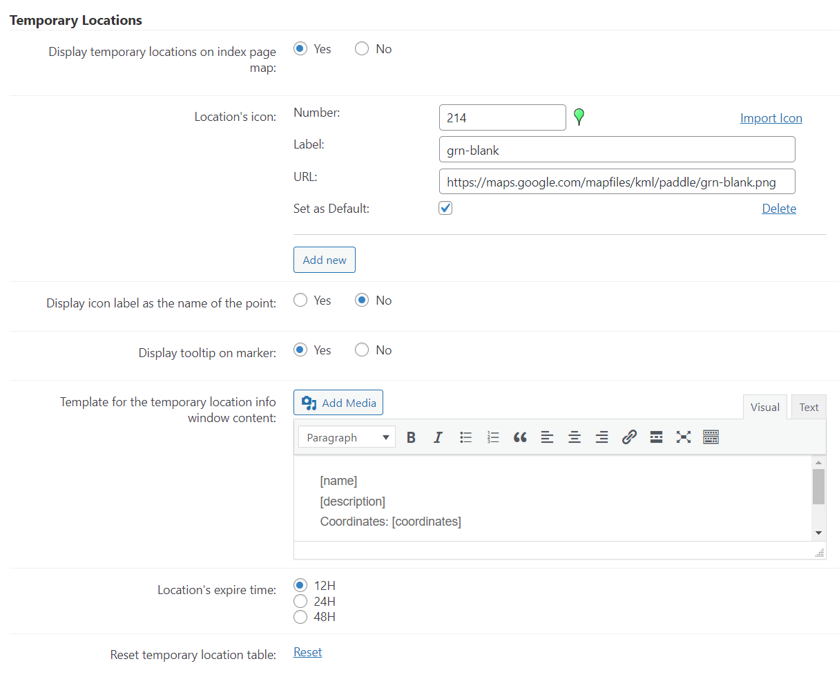 Temporary locations settings - Store Locator WordPress Plugin