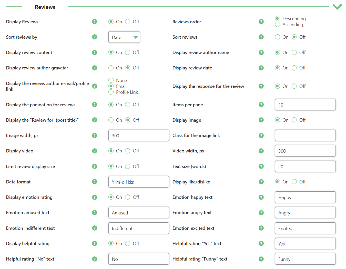 Reviews settings - WordPress Testimonials Manager Plugin