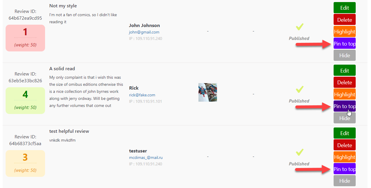 Option to pin the review to top - WordPress Rating System