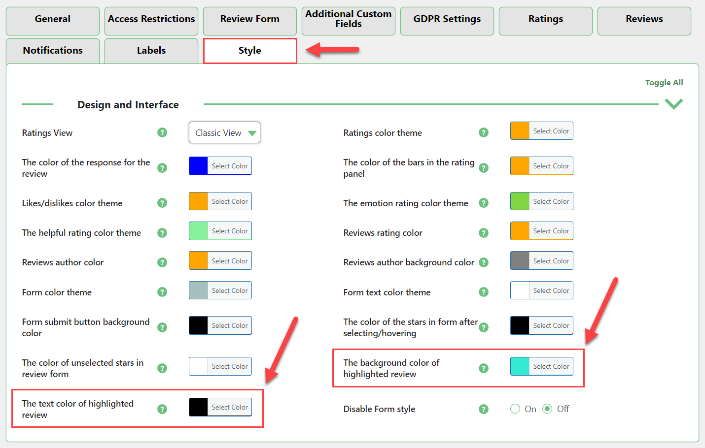 Style settings for highlighted reviews - Customer Review Plugin for WordPress